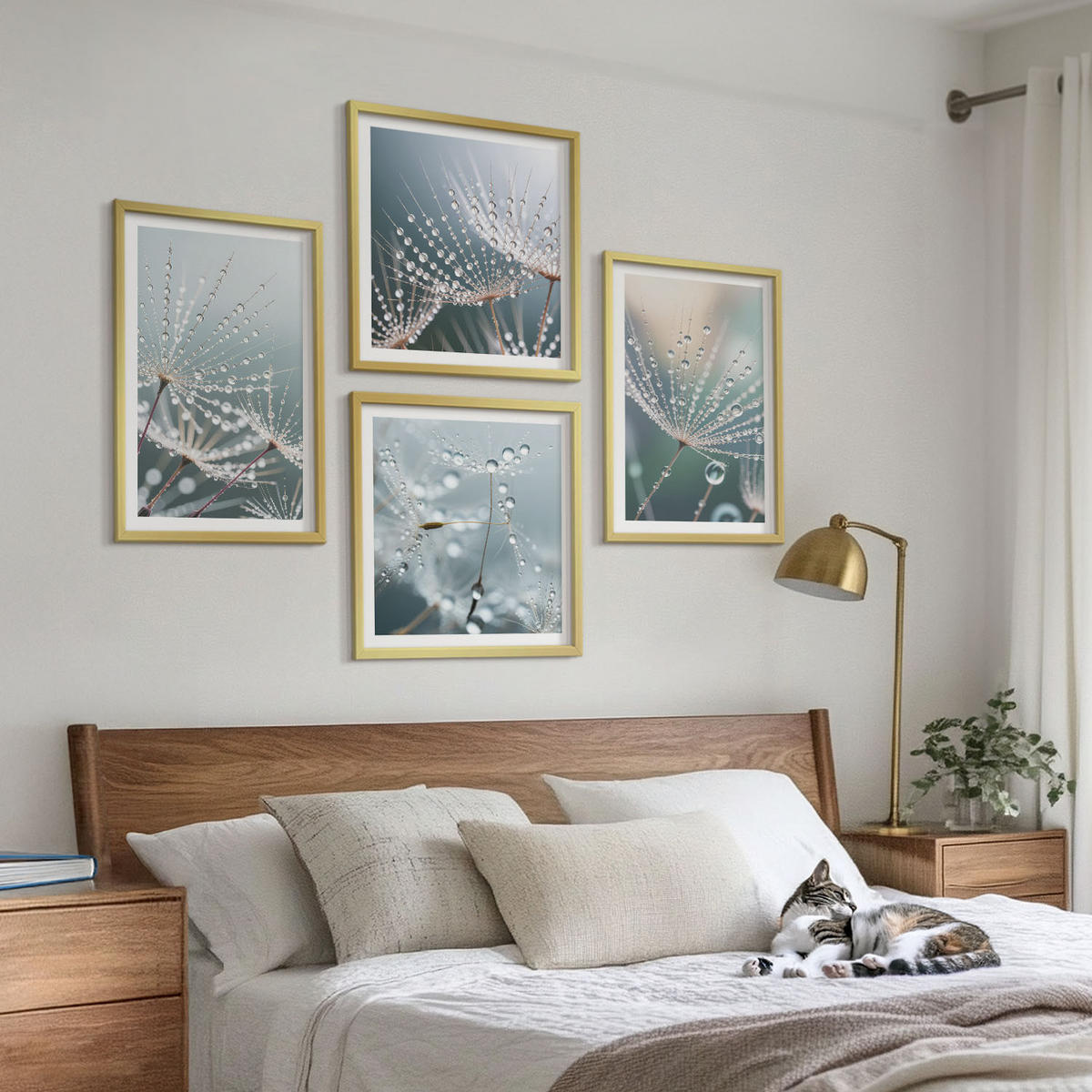 BILDER SET 4er Set - 50x50 cm & 40x60 cm Goldrahmen - Wassertropfen auf Löwenzahnsprossen - Goldfarben, Kunststoff (50/50cm) - TULUP