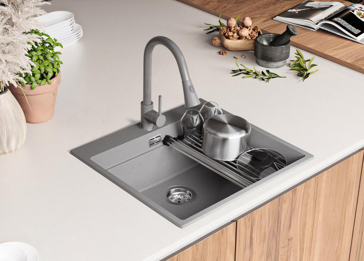 GRANITSPÜLE Oslo Max, 2-er set Grau 58/53 cm 1 Becken + Küchenarmatur 38/14 cm + Ablauf-Set + Aufrollbare Abtropffläche ab 60er Unterschrank - Chromfarben/Grau, Kunststoff (58/20/53cm) - Primagran