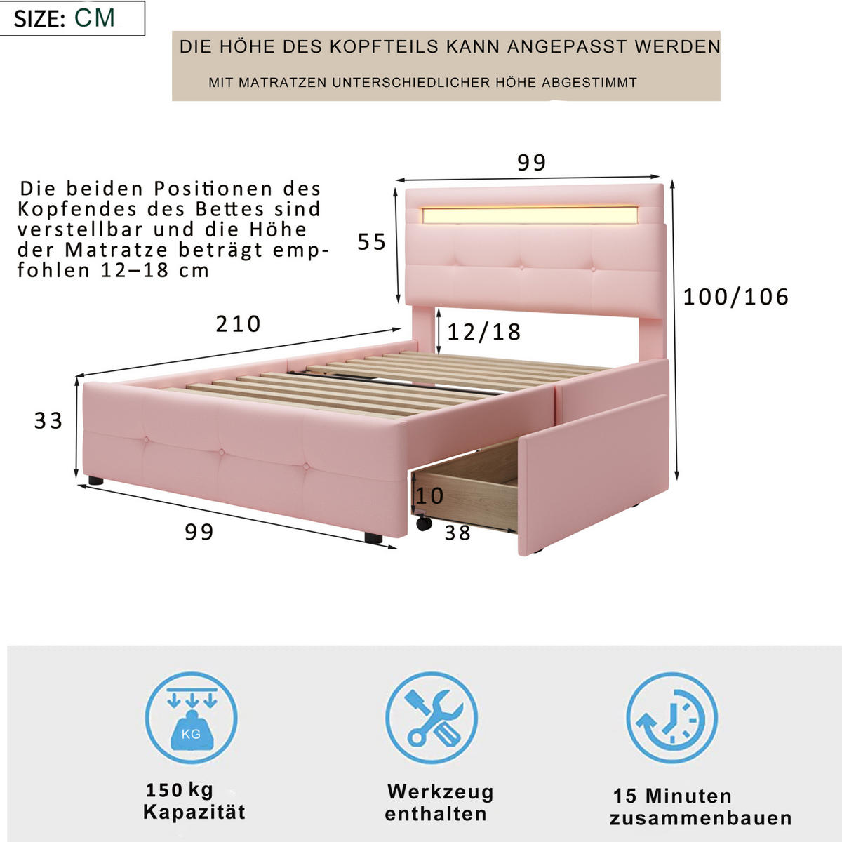 BETT mit LED und 2 Schubladen 90x200 cm Pink - Pink, Holz (90/200cm) - Meubliv