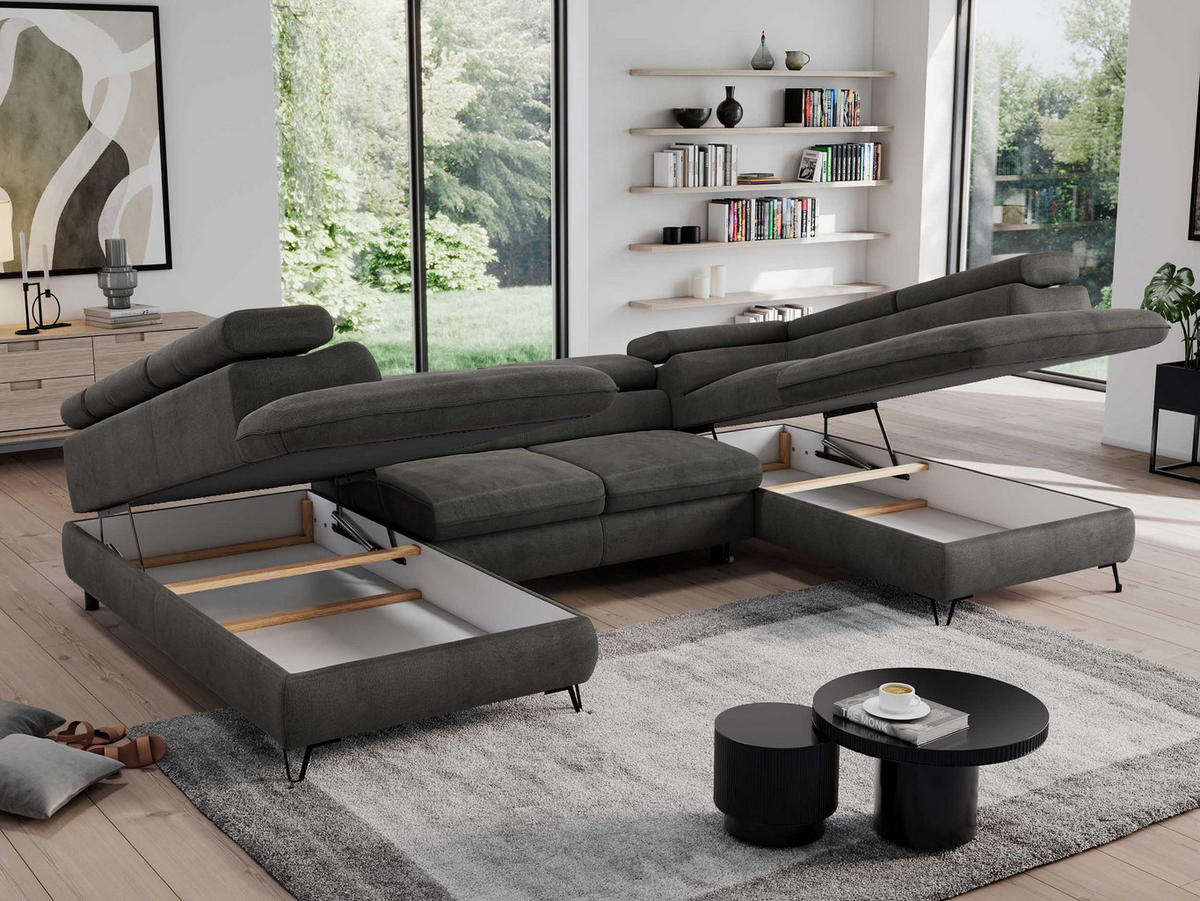 WOHNLANDSCHAFT PEDRO U Velvet Dunkelgrau - Dunkelgrau/Schwarz, Textil/Metall (346/76/208cm) - MKS