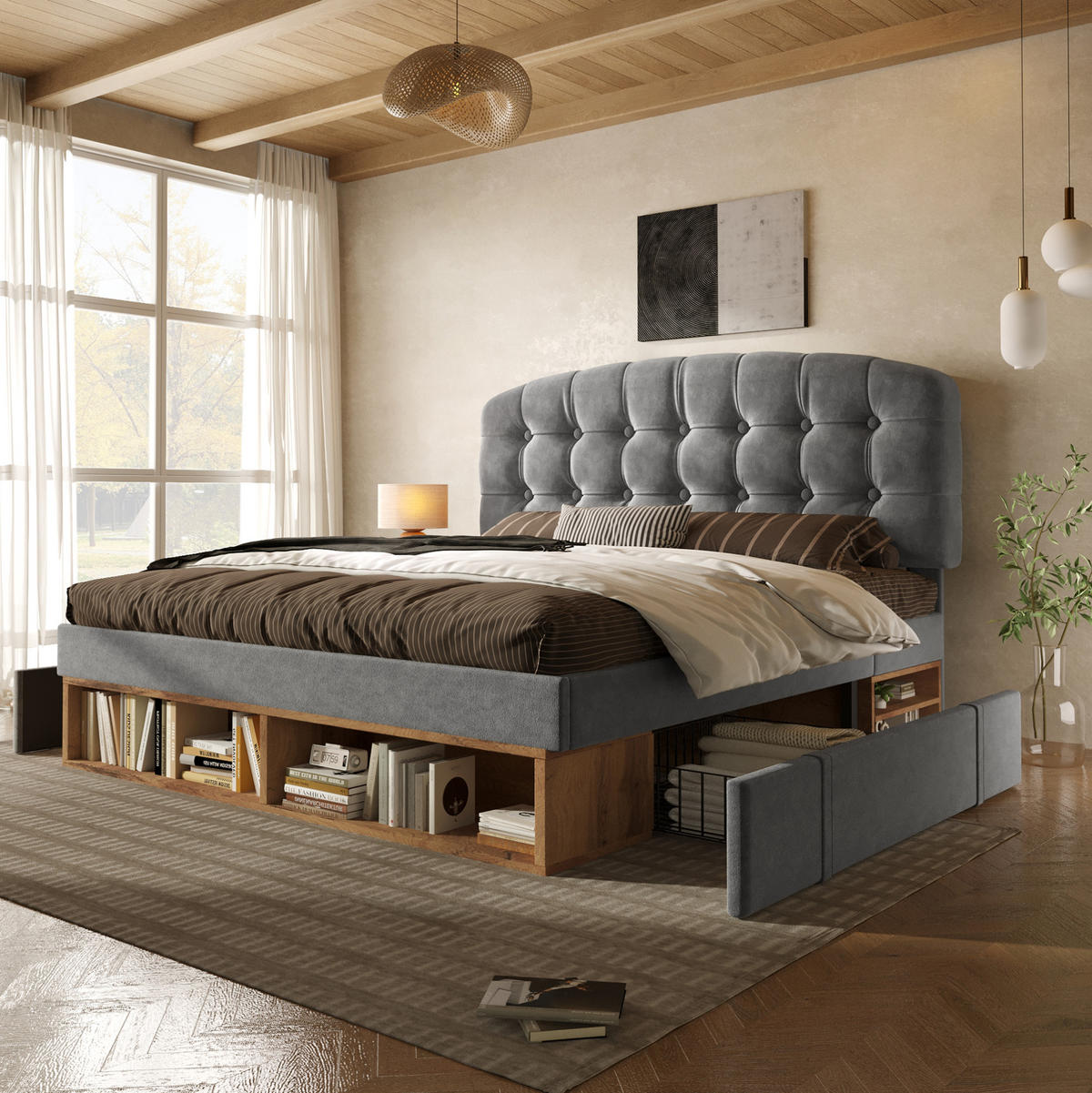 POLSTERBETT 90/200 cm mit höhenverstellbarem Kopfteil, Schubladen und Stauraum, Grau - Grau, Textil (90/200cm) - Redom