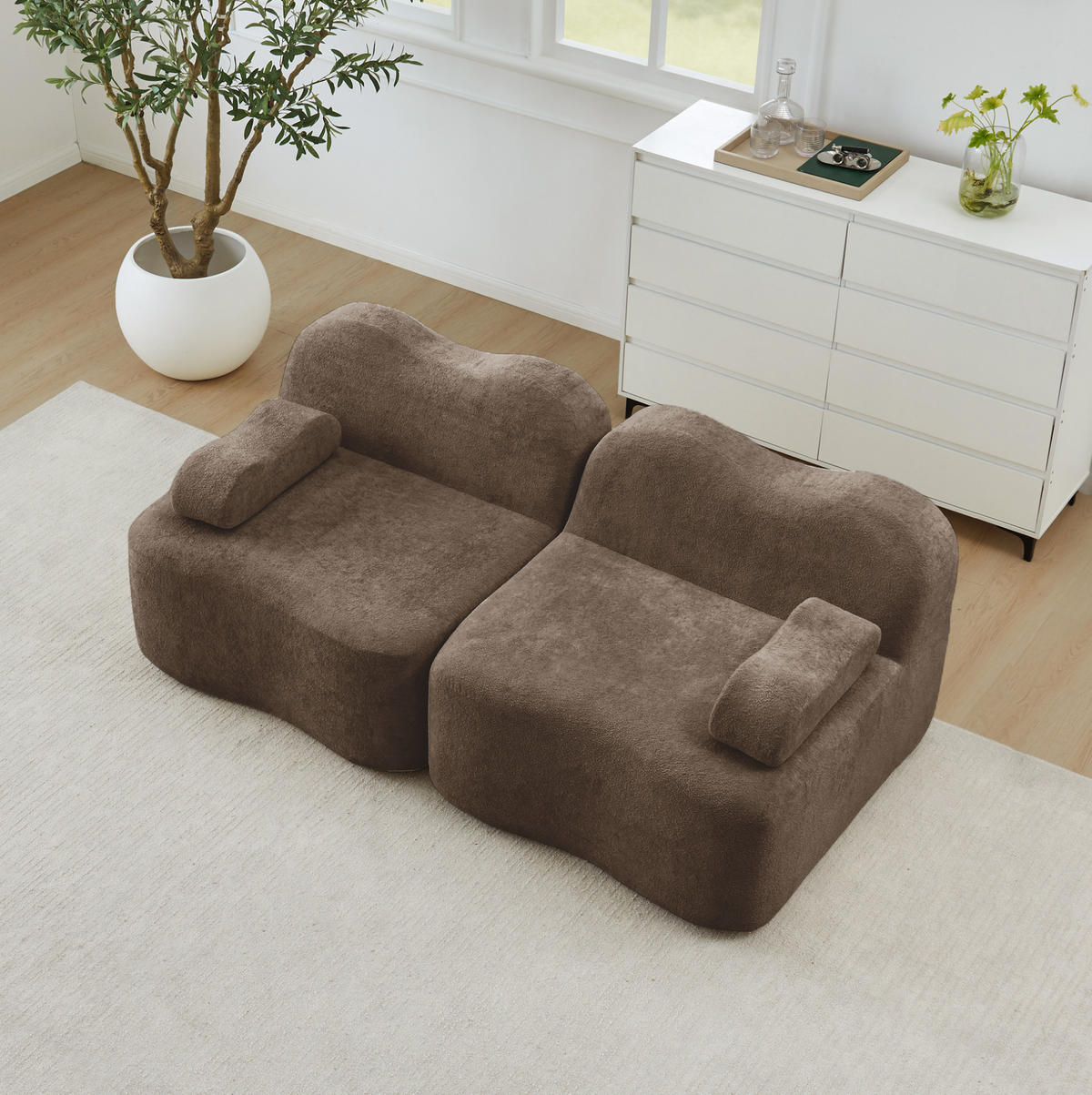 SOFA modular mit Hocker Samt Braun - Braun, Holzwerkstoff (98/70/192cm) - Meubliv