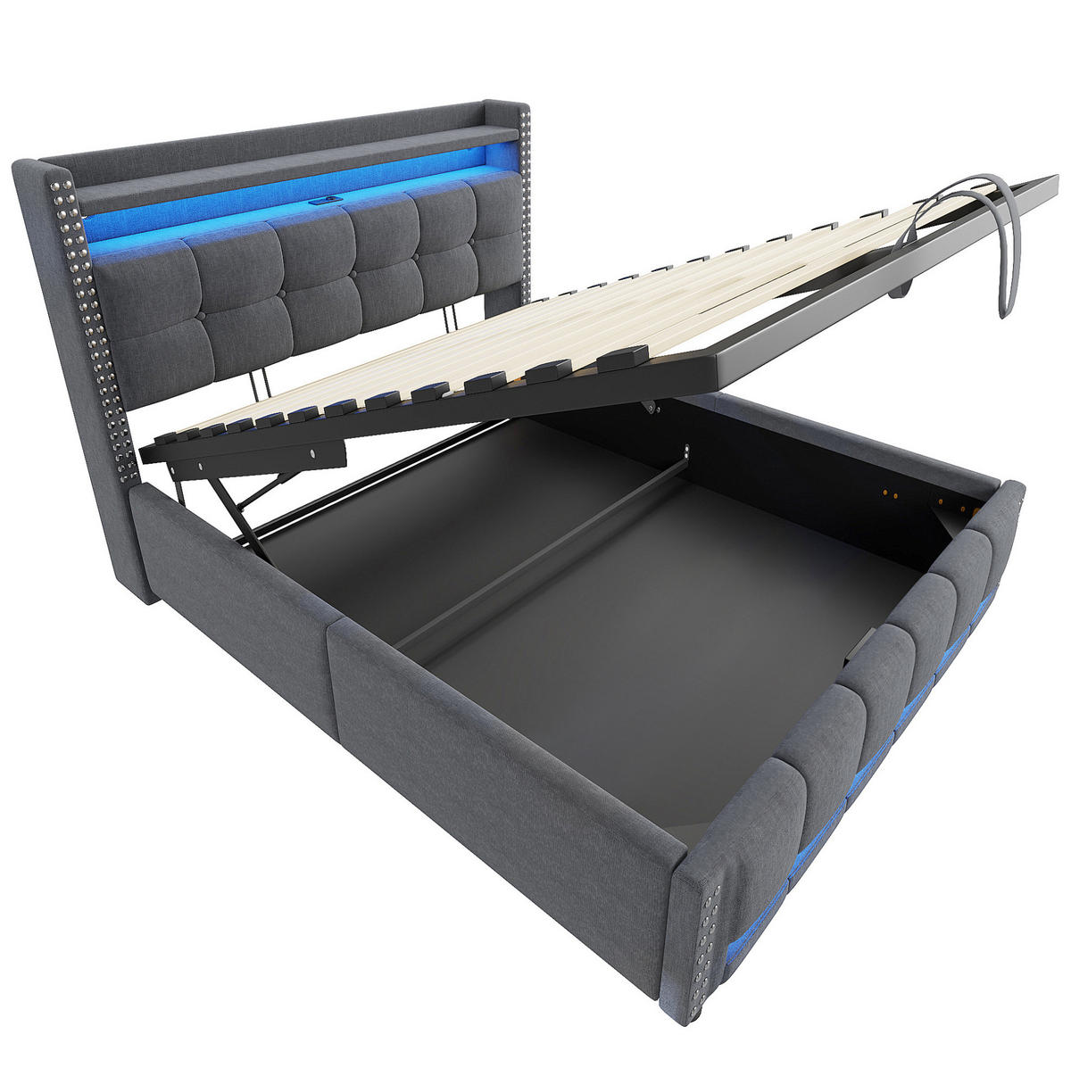 POLSTERBETT 140/200 cm mit Bettkasten, LED-Beleuchtung und USB-Anschluss - Grau, Textil (140/200cm) - BEAOK