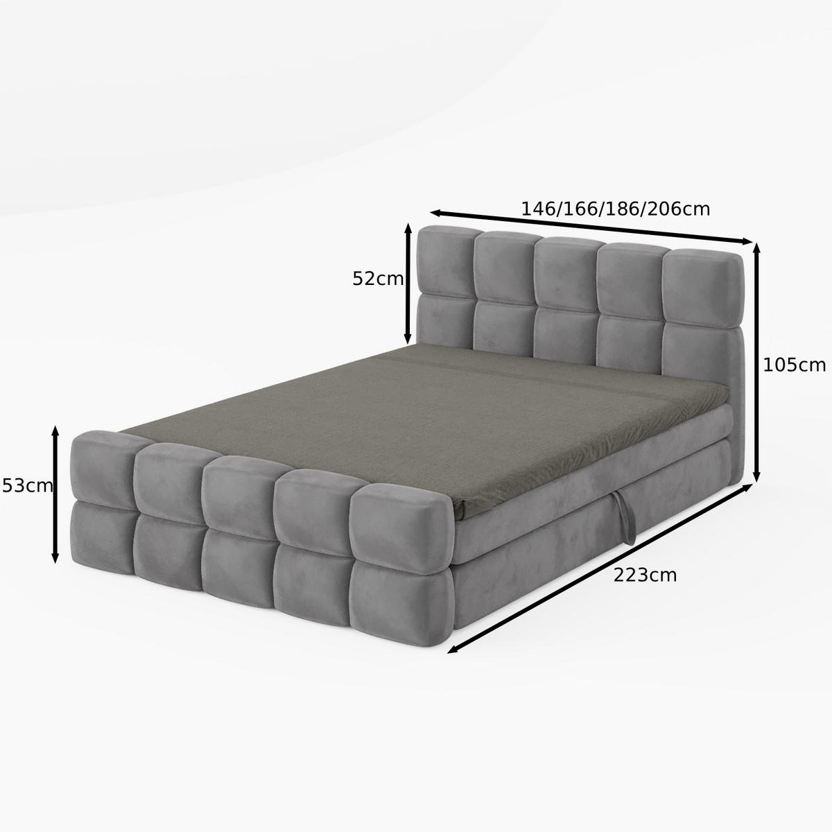 BOXBETT Vanessa 160/200 cm, in Dunkelgrau, Velours-Stoff, Bettkasten, Matratze, Topper - Dunkelgrau, Textil (160/200cm) - Barchello
