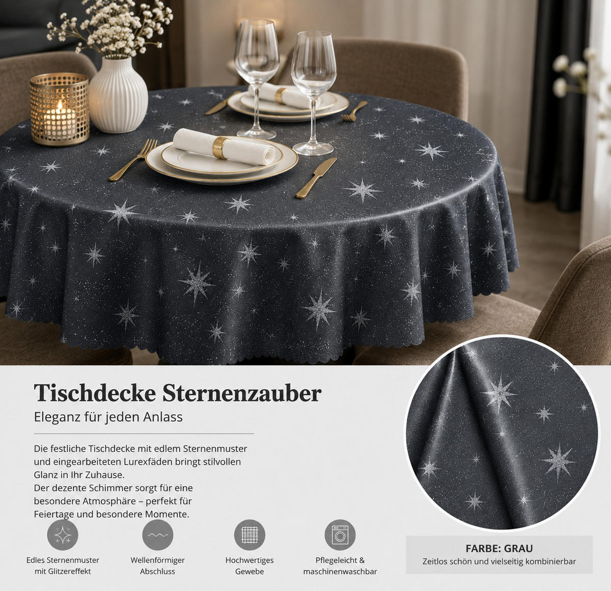 TISCHDECKE 160 rund Lurex Sterne Grau - Grau, Textil (160cm) - TiborTex