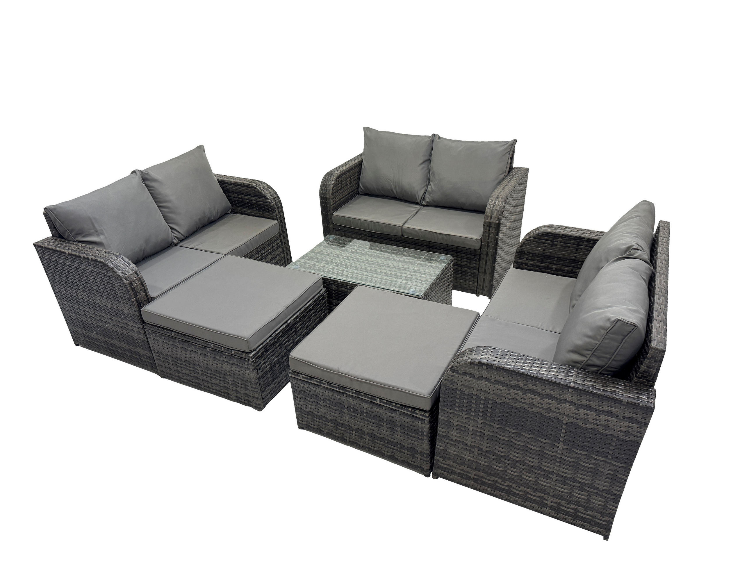 GARTENMÖBELGARNITUR mit KISSEN Polyrattan Dunkelgrau 8-Sitzer - Dunkelgrau/Grau, Glas/Kunststoff - Fimous