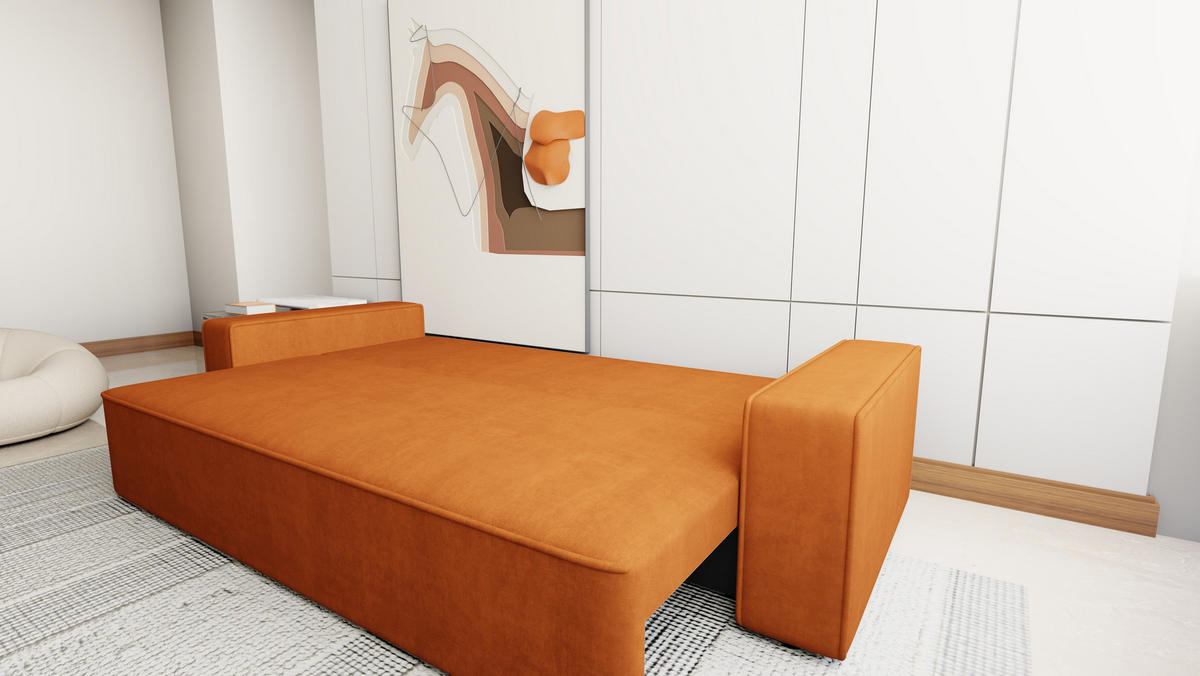 SOFA Veno mit Bettkasten und Schlaffunktion, Couch, Schlafsofa, Velourstoff - Rostfarben, Holzwerkstoff (242/85/95cm)