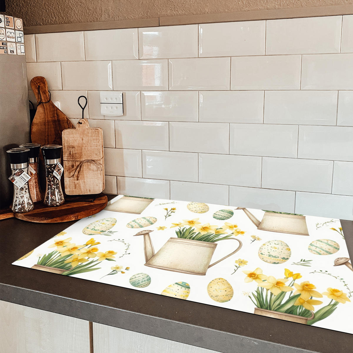 HERDABDECKPLATTE Gießkanne - Blumen - Eier Induktionsschutz 81.6x52.7 cm - Weiß, Kunststoff (81.6/52.7/0.2cm) - MuchoWow