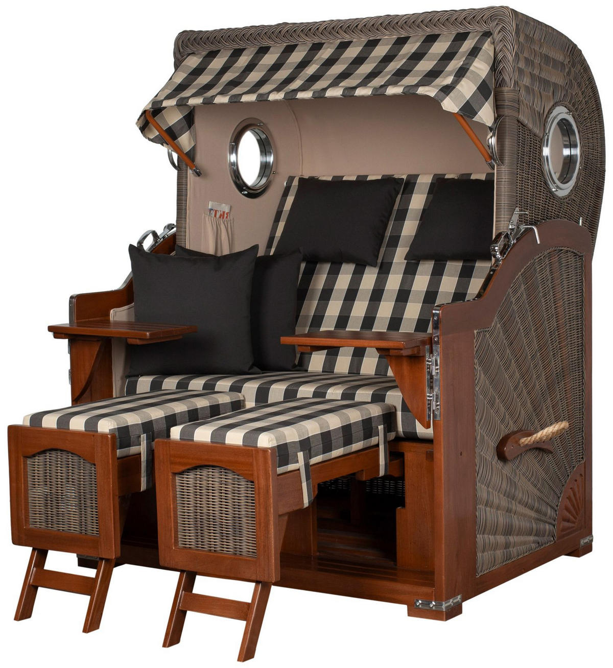 STRANDKORB Komplettset: Ammersee Mahagoni Bullauge - PE grau - Modell 505 - Anthrazit/Beige, Holz/Kunststoff (125/165/80cm) - bene living