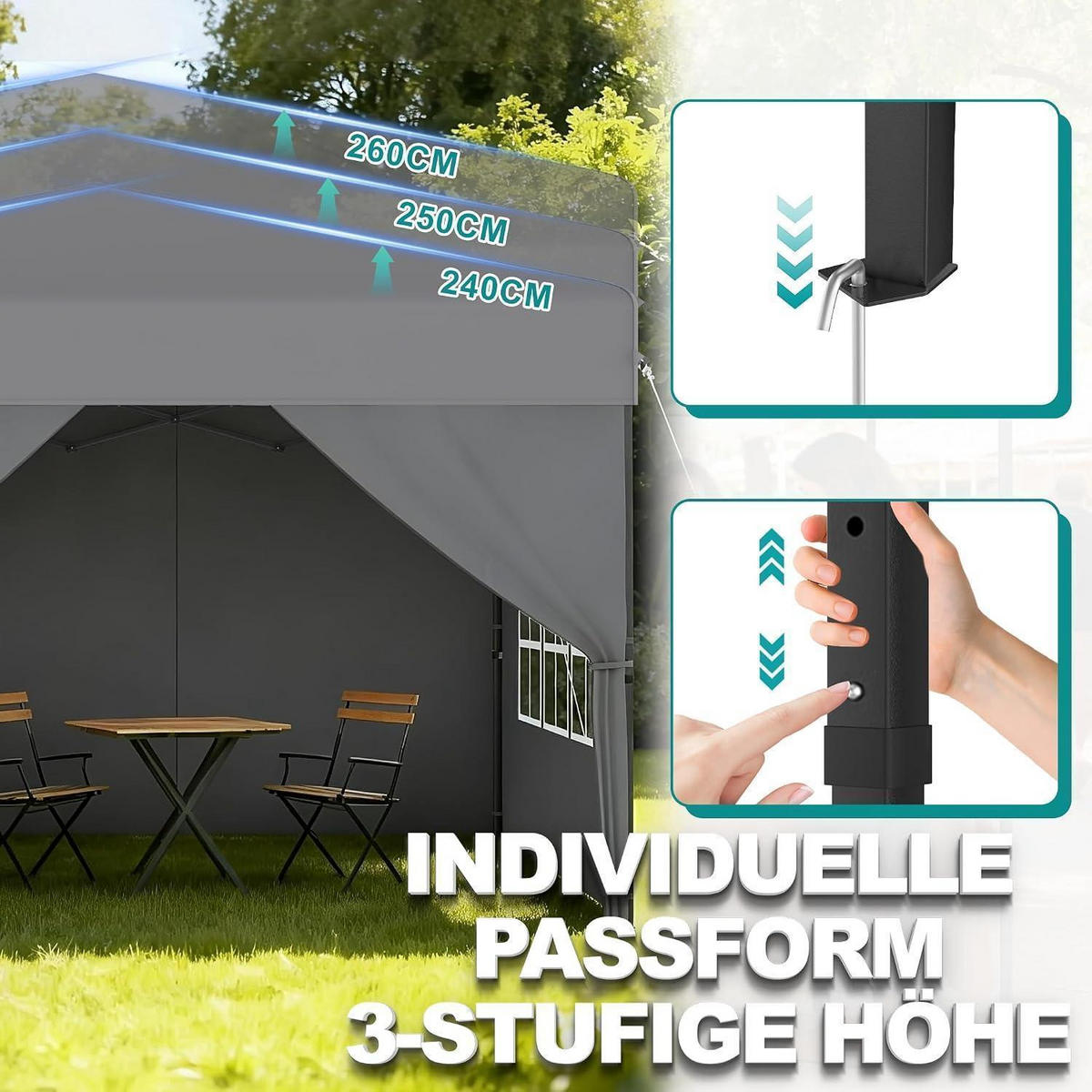 FALTPAVILLON 3x3 m mit Seitenwänden Silbergrau - Grau, Textil (300/260/300cm)