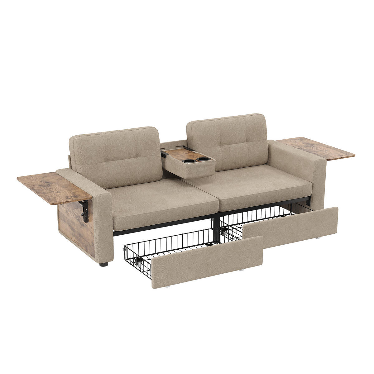 2-SITZER-SOFA mit Laptop-Tisch und Stauraum, DE-42611, Khaki - Sandfarben, Metall (178/57.5/71cm) - ComfortXL