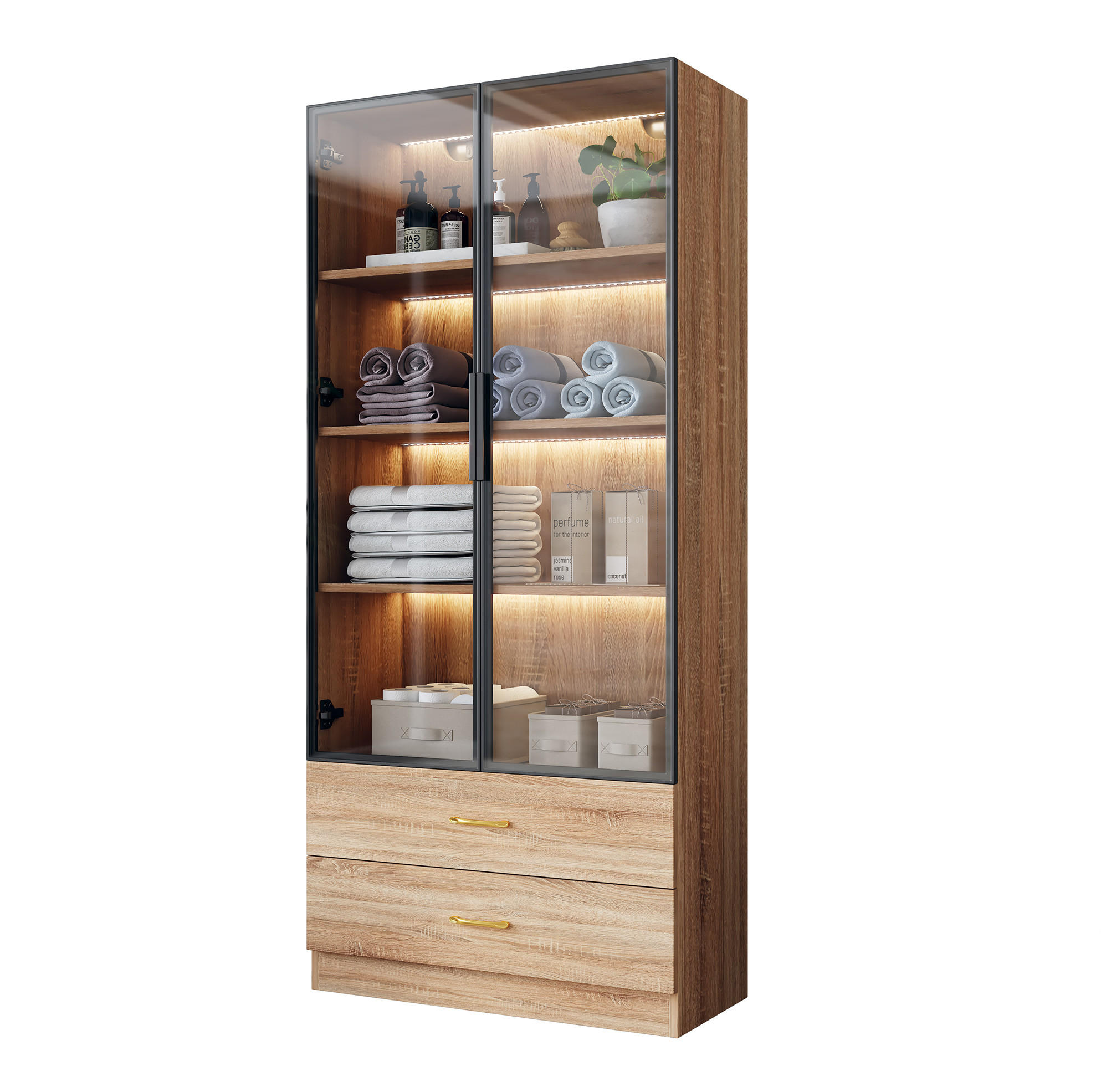 Modfu KOUPELNOVÁ skříňka z MDF 75x34.5x170 cm hnědá s otevřenými policemi, dvířky, zásuvkami a tvrzeným sklem