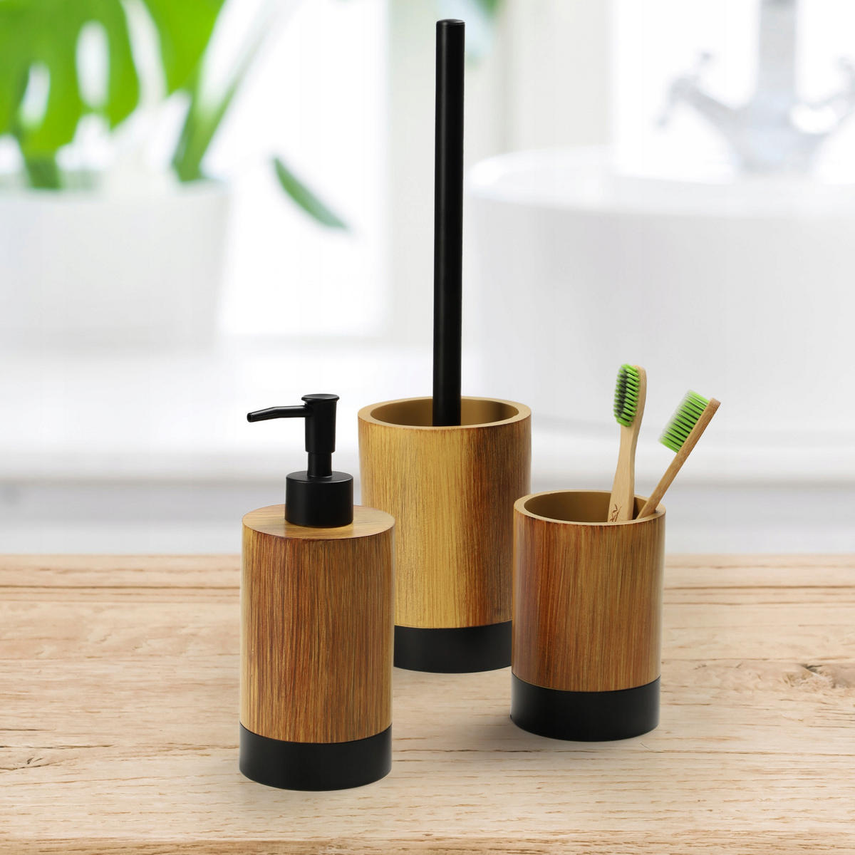 BADEZIMMERSET SEIFENSPENDER + Badezimmerbecher-Set - Braun, Kunststoff (8/19cm) - KADAX
