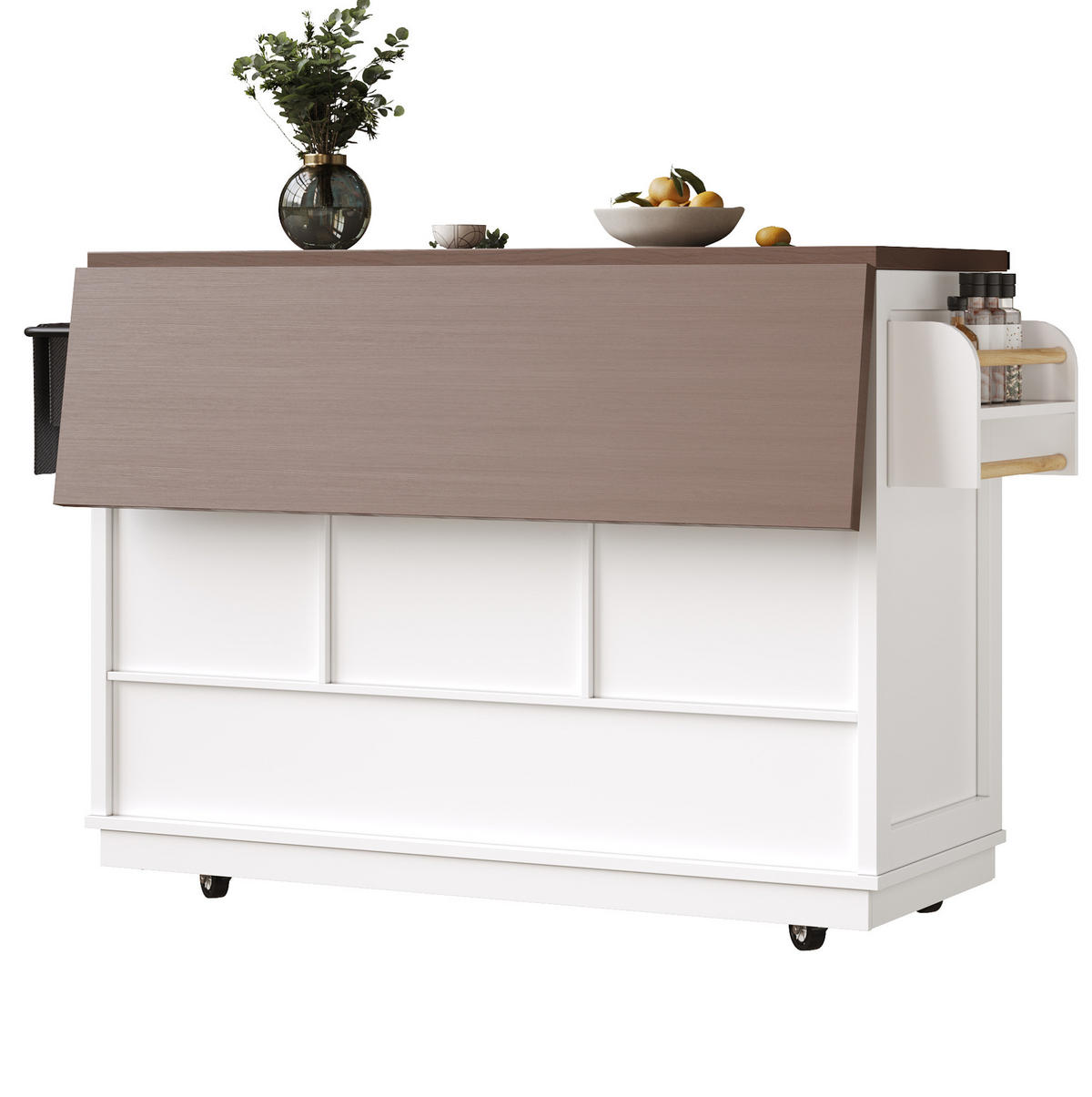 KÜCHENINSEL 142,5/45-73/92,5 cm mit Klapptisch, Schiebetüren im BarnDoor-Design und Stauraum, Weiß, MDF/Metall - Weiß, Holzwerkstoff (142.5/92.5/45cm) - Redom