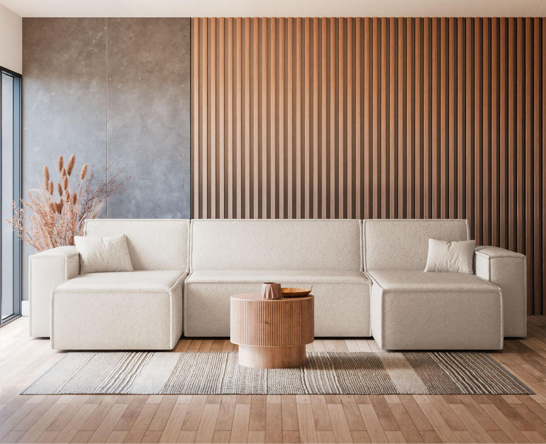 WOHNLANDSCHAFT Scarlo Creme Bouclé-Bezug - Creme/Schwarz, Kunststoff/Textil (312/83/145cm) - Selsey