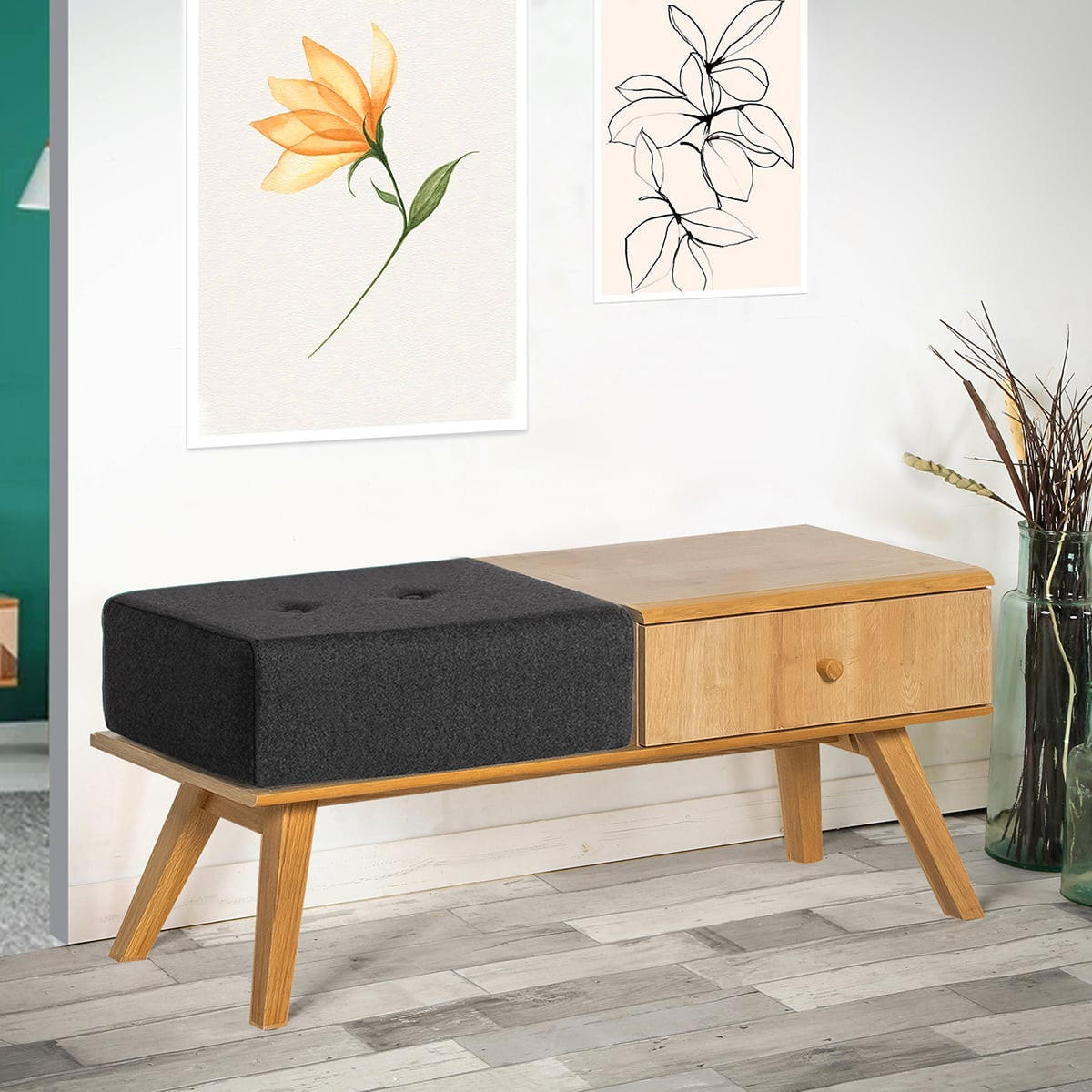 BANK mit Schublade und Kissen - L100 cm - Eichefarben, Holzwerkstoff (40/43/100cm) - Calicosy