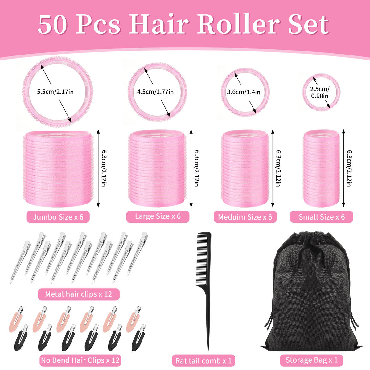 LOCKENWICKLER Set 50 Stück Selbsthaftend mit Clips 4 Größen Haarroller - Rosa, Kunststoff (5.5/6.3/5.5cm)