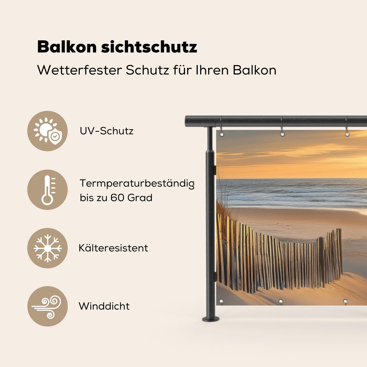 BALKON-SICHTSCHUTZ Strand - Dünen - Sonnenuntergang 300x110 cm - Sandfarben, Kunststoff (300/110cm) - MuchoWow