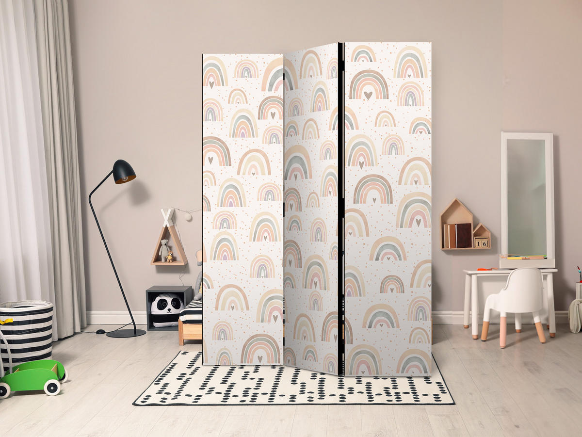 PARAVENT Akustik 3-tlg 135x172 cm Regenbogen Herzen Boho - Beige, Holz/Textil (135/172/3cm) - Muralo