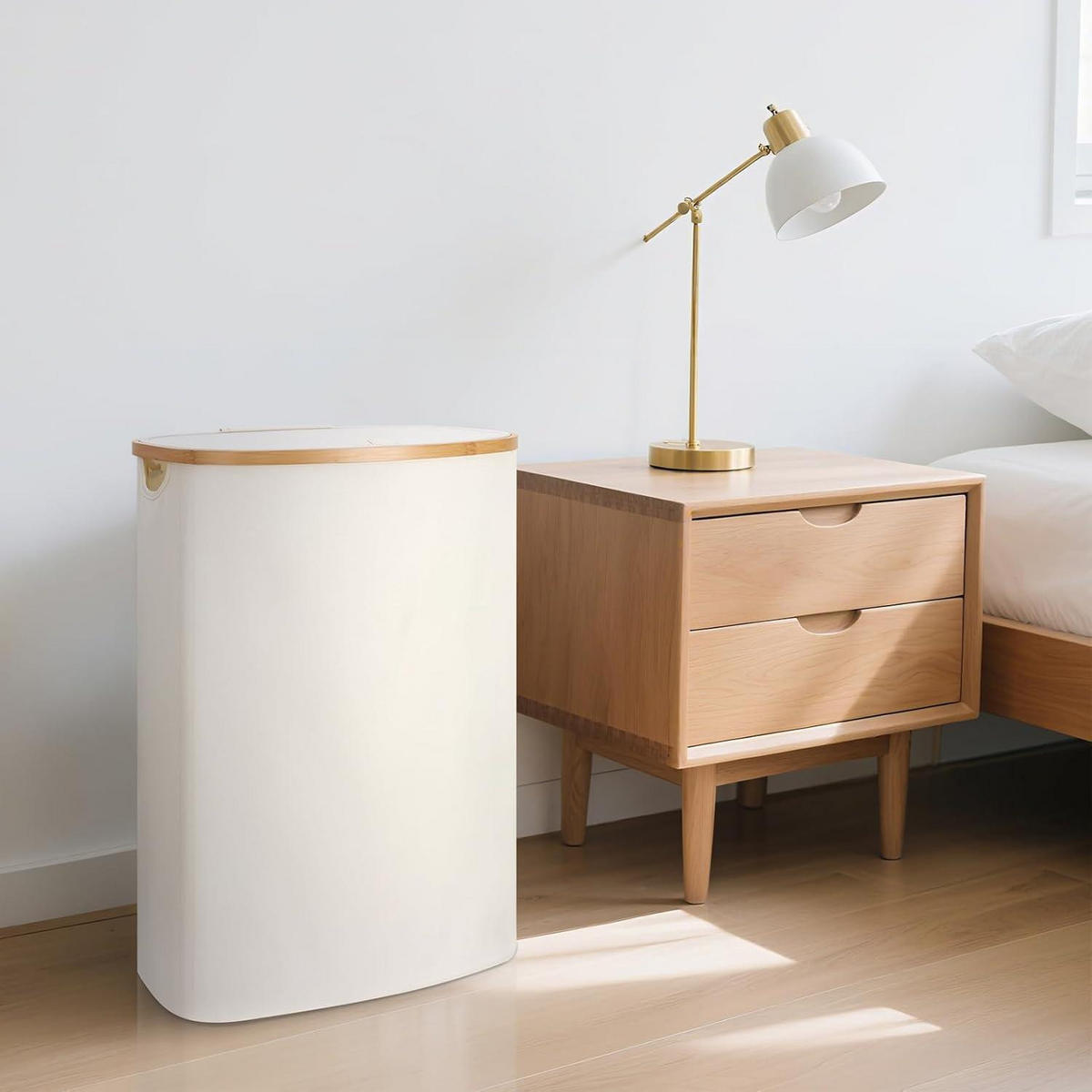 WÄSCHEKORB 80L Bambus mit Deckel Beige - Weiß, Naturmaterialien (32.5/56/44cm)