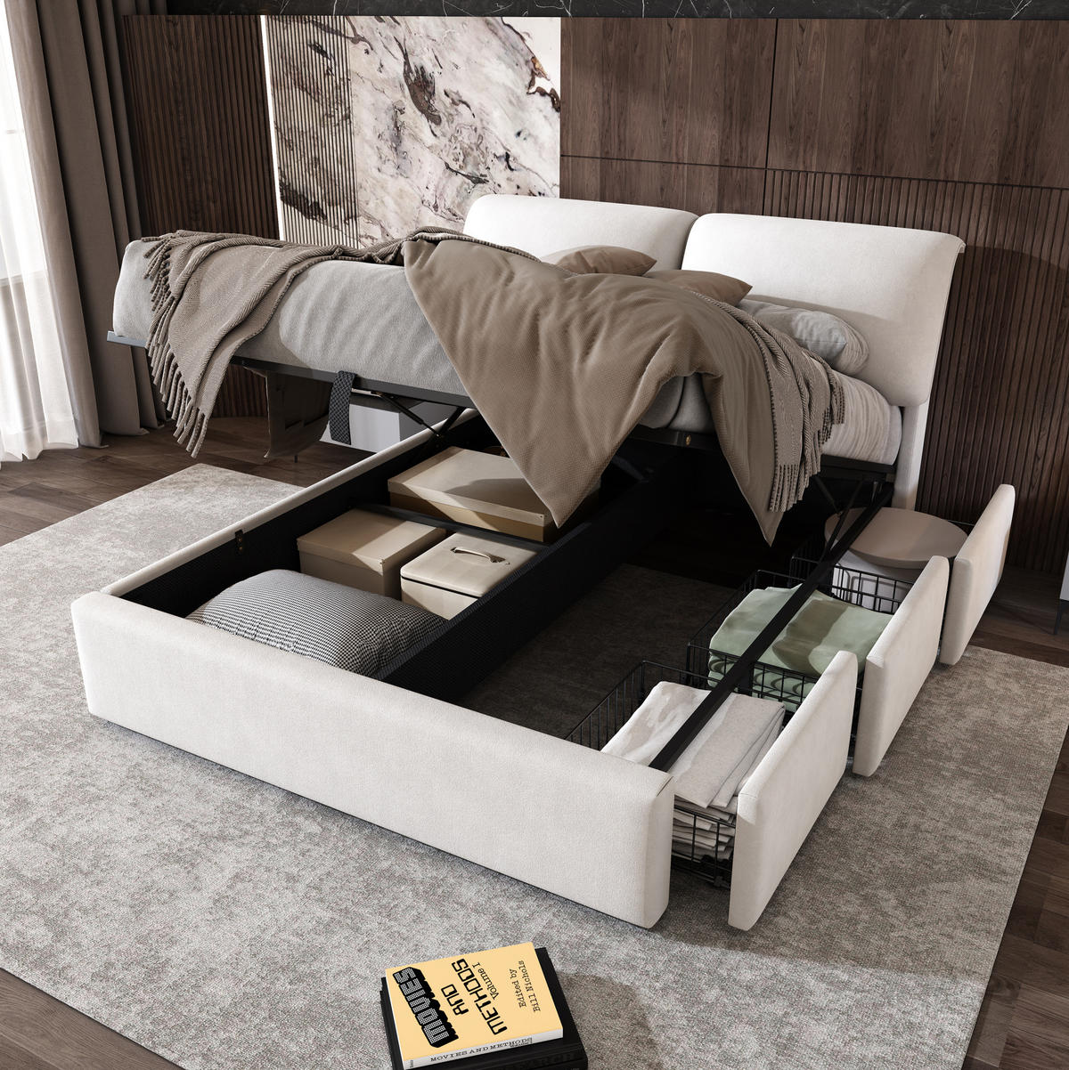 POLSTERBETT 160/200 cm aus Leinen mit Stauraum Ladestation und verstecktem Becherhalter Beige - Beige, Textil (160/200cm) - Modenvie