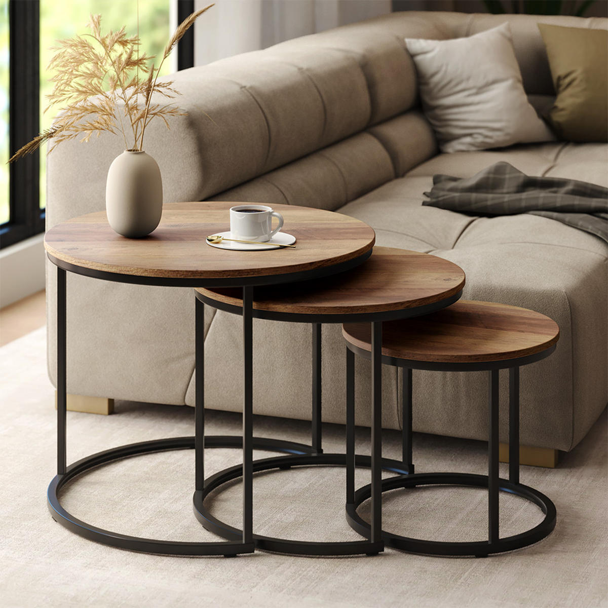 COUCHTISCH-SET Montreal Holz 55 x 55 cm 3 Teile - Schwarz/Naturfarben, Holzwerkstoff (55/55/44.5cm) - Vicco