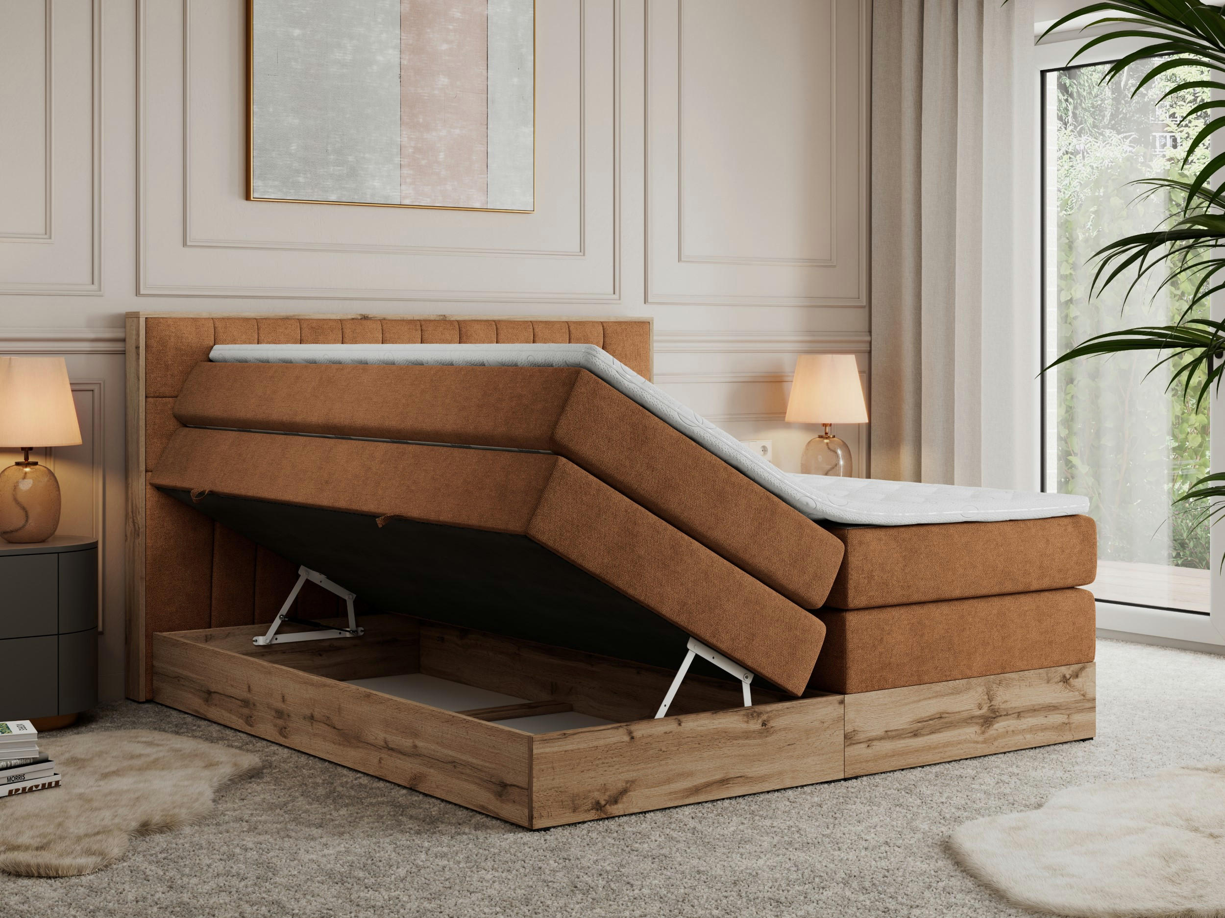 Thumbnail - MKS Boxspringbett, Orange, Textil, 2-Sitzer, H3, Rechteckig, 160x200 cm, Schlafzimmer, Betten, Boxspringbetten