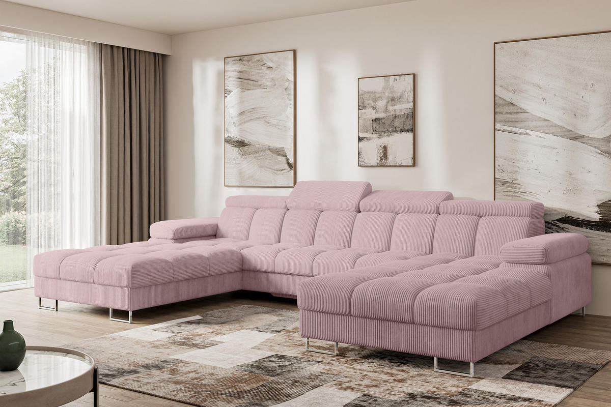 WOHNLANDSCHAFT mit Schlaffunktion und Bettkasten COMA U2 345x203x79 Rosa Cord - Rosa, Holzwerkstoff/Textil (345/79/203cm) - ALTDECOR
