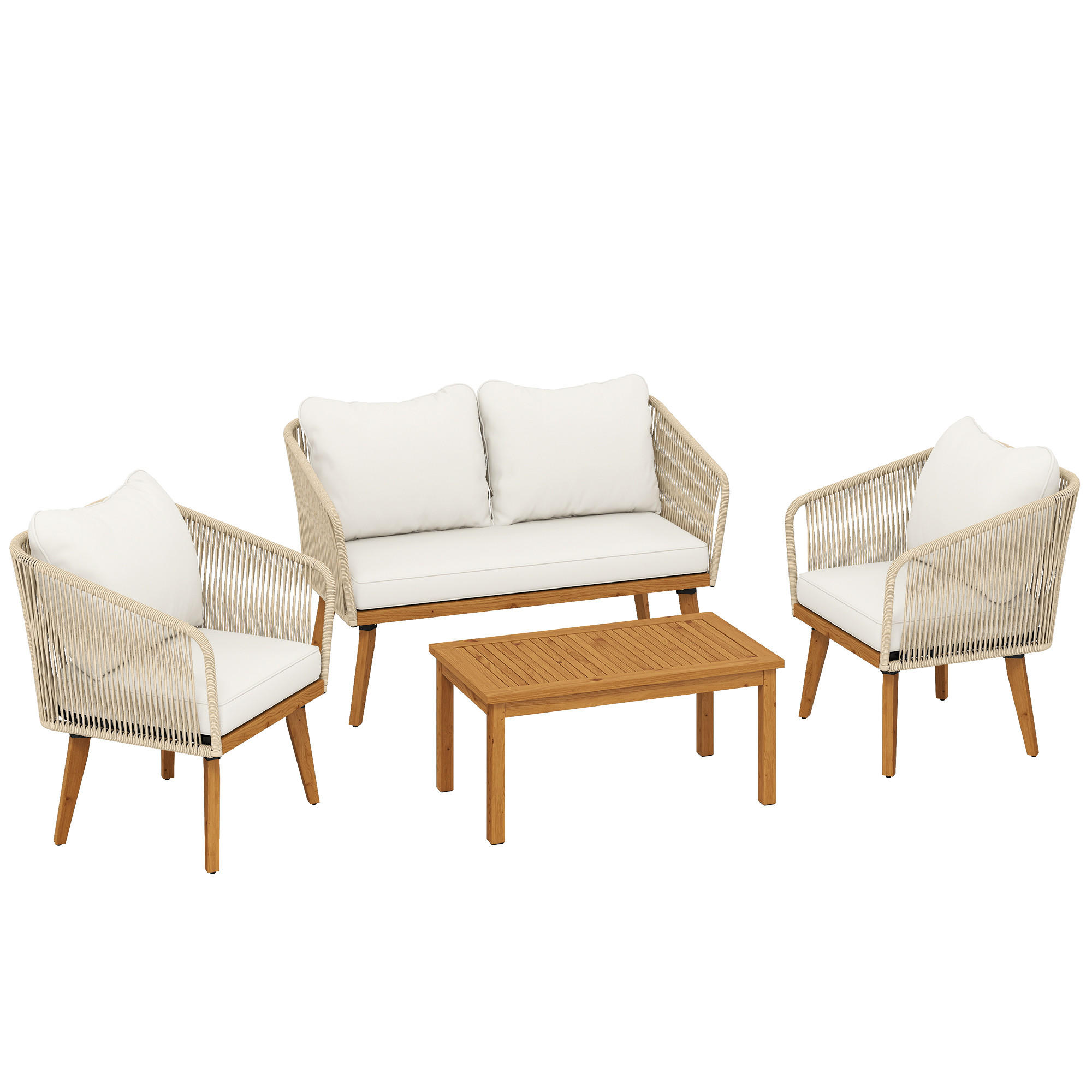RATTAN-GARTENMÖBEL-SET 4er Set PP-Rattan Stahl Cremeweiß - Creme/Akaziefarben, Kunststoff/Textil - Outsunny