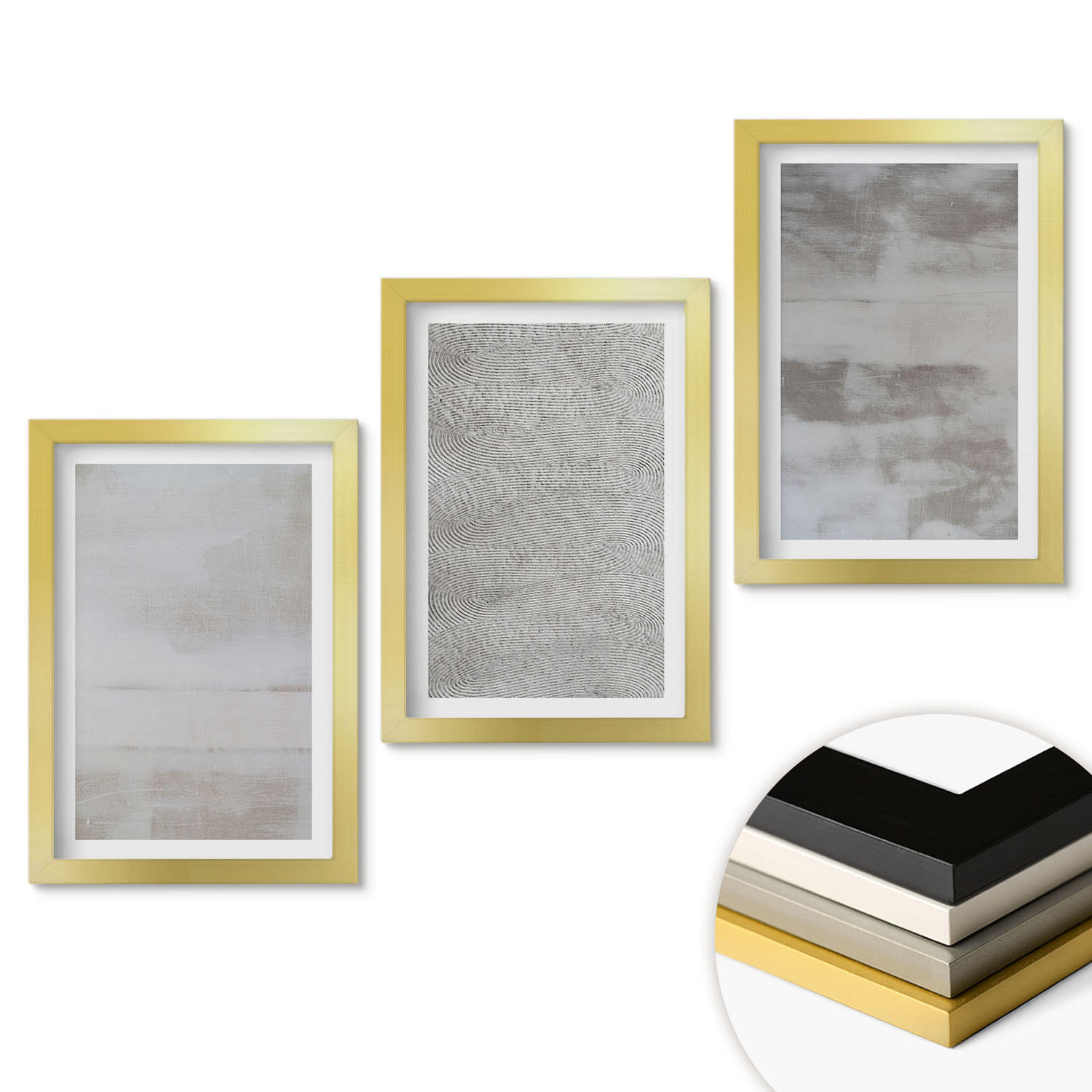 WANDBILDER 3er Set - 20x30 cm Goldrahmen - Moderne minimalistische Texturen - Goldfarben, Kunststoff (20/30cm) - ArtPrintCave