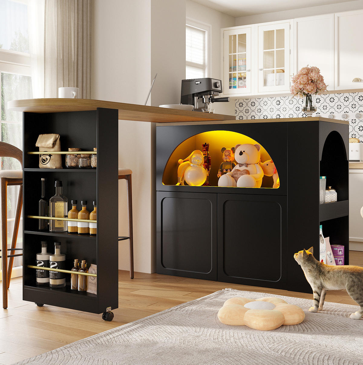 AUSZIEHBARER Bartisch MDF mit Stauraum & LED, 135-205/39/100 cm, Schwarz - Schwarz, Holzwerkstoff (39/100/135cm) - Redom