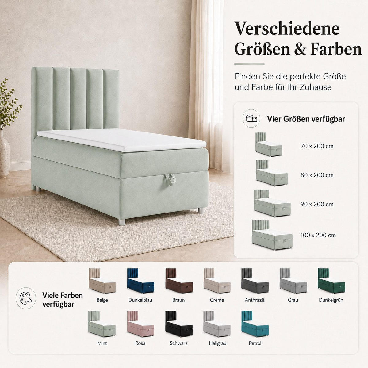 BOXBETT mit Bettkasten Trinity K-10 SINGLE Bonellfederkern inkl. Topper - Mintgrün, Holz/Holzwerkstoff (80/200cm) - Best For Home
