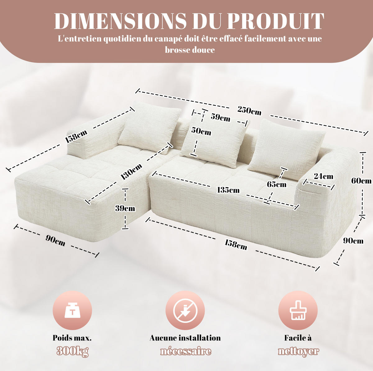 ECKSOFA 250/158/60 cm mit Chaiselongue, 3 Kissen und Seitentaschen, Chenille, Beige - Weiß, Textil (158/250cm) - Redom