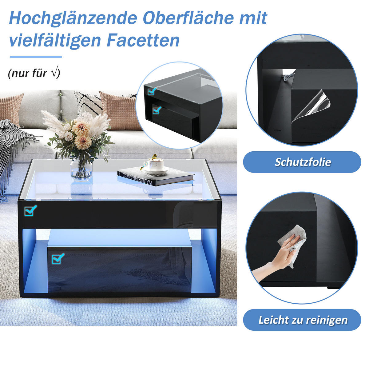 COUCHTISCH aus MDF und Glas 70x70x35 cm Schwarz mit 2 Schubladen und LED-Beleuchtung - Schwarz, Holzwerkstoff (70/70/35cm) - IVMEU