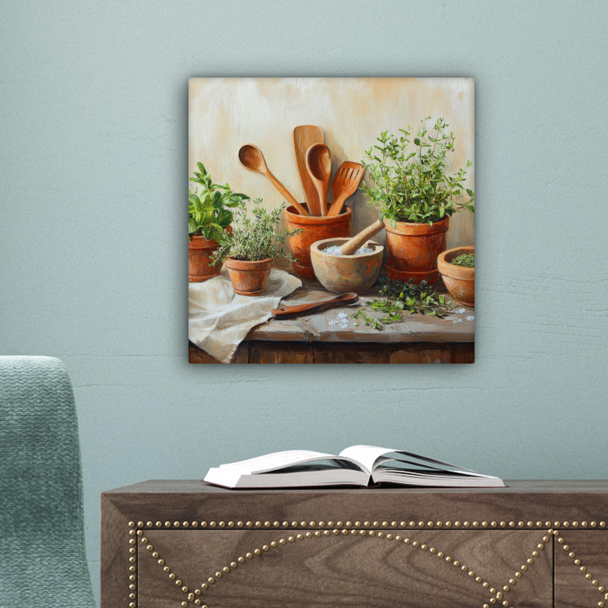 LEINWANDBILD Töpfe - Kräuter - Holz 20x20 cm - Terracotta, Textil (20/20cm) - MuchoWow