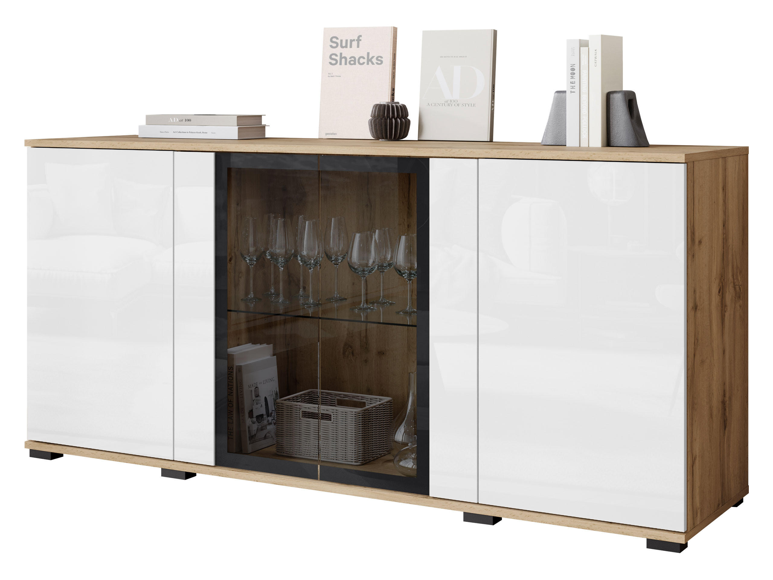 KOMMODE Caro SB 154 4D - Eiche Wotan/Schwarz, Holzwerkstoff/Kunststoff (150/70/40cm) - MIRJAN24