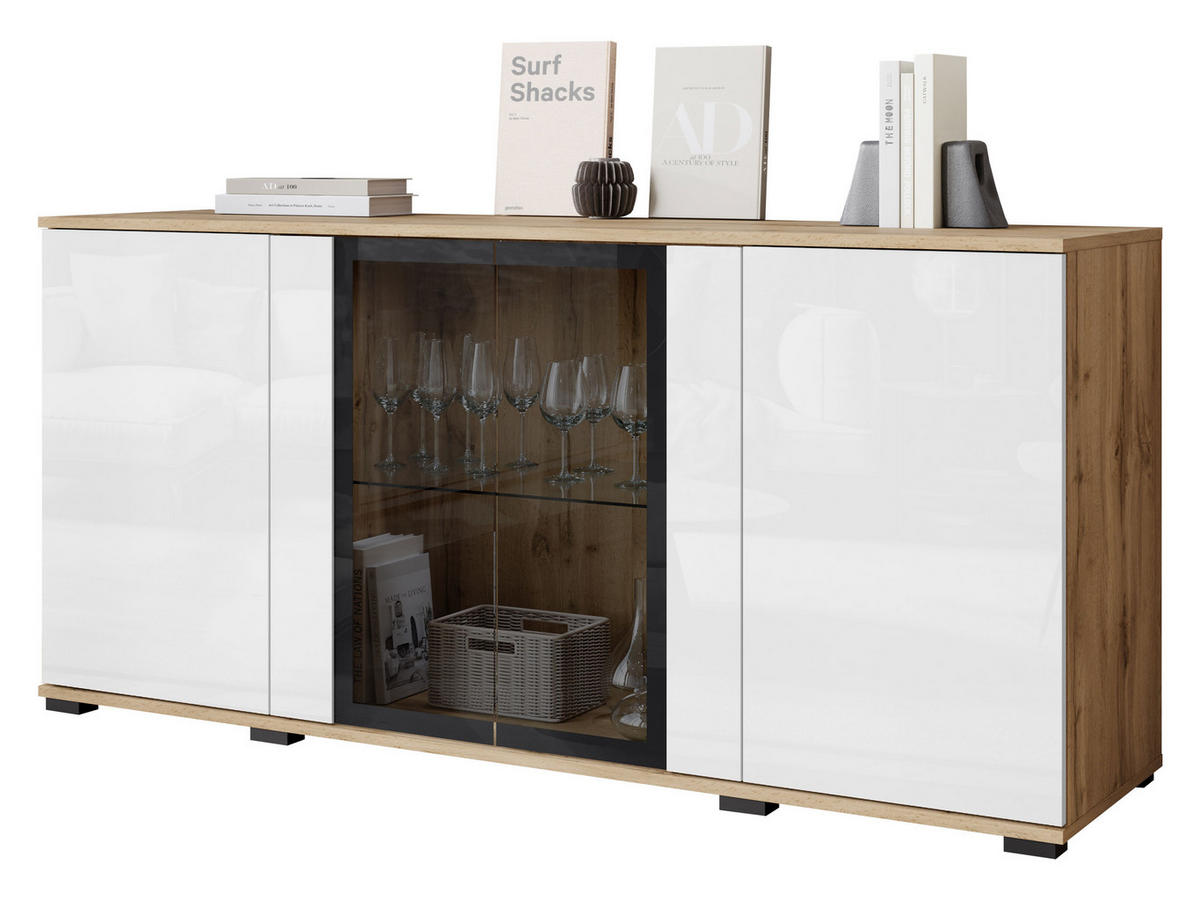 KOMMODE Caro SB 154 4D - Eiche Wotan/Schwarz, Holzwerkstoff/Kunststoff (150/70/40cm) - MIRJAN24