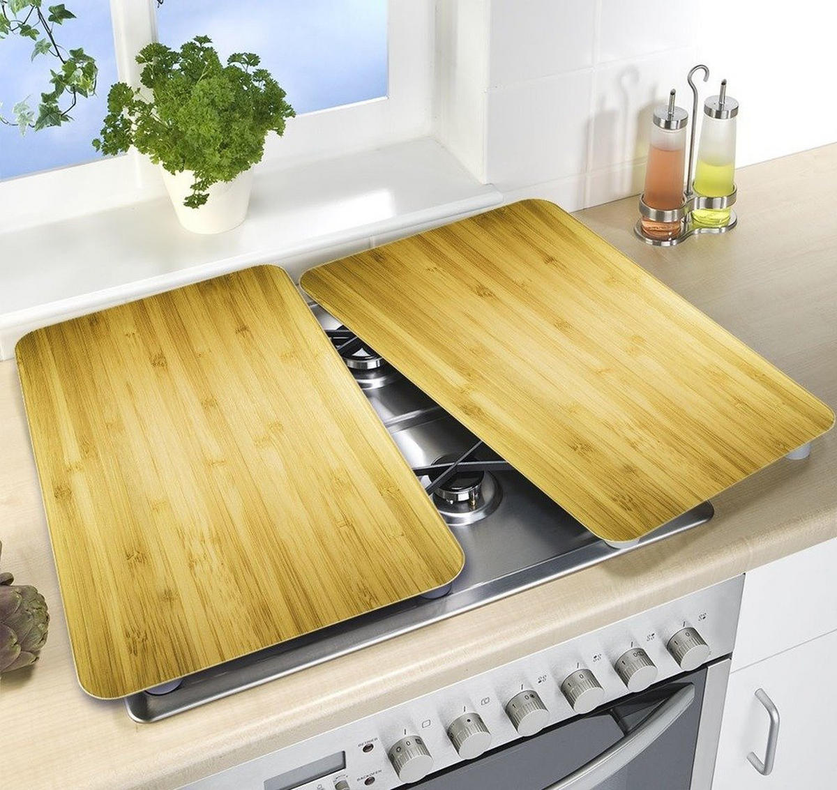 GLASSCHUTZPLATTEN für Herd - 2 Stück Holzholz Look 52/30/0,5 cm - Braun, Glas (30/0.5/52cm) - Wenko