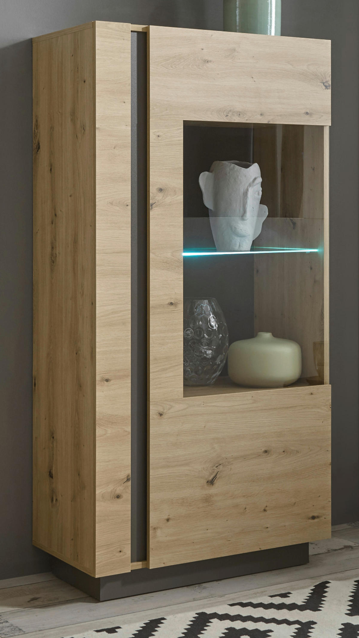 VITRINE Eiche Artisan, Graphit grau 72 cm, Vitrinenschrank mit Soft-Close - Eiche Artisan/Grau, Glas/Holzwerkstoff (72/154/40cm) - Furn.Design