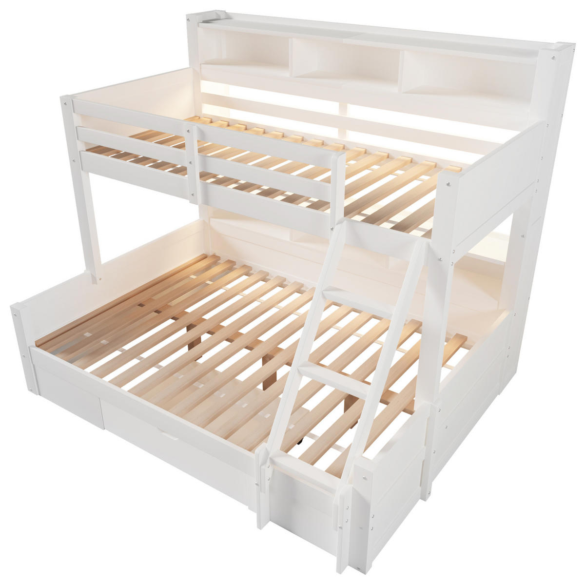 ETAGENBETT aus Kiefer 90x200/140x200 cm Weiß mit LED-Beleuchtung, offenen Fächern, Schublade und variabler Leiter - Weiß, Holzwerkstoff (90/200cm) - Modfu
