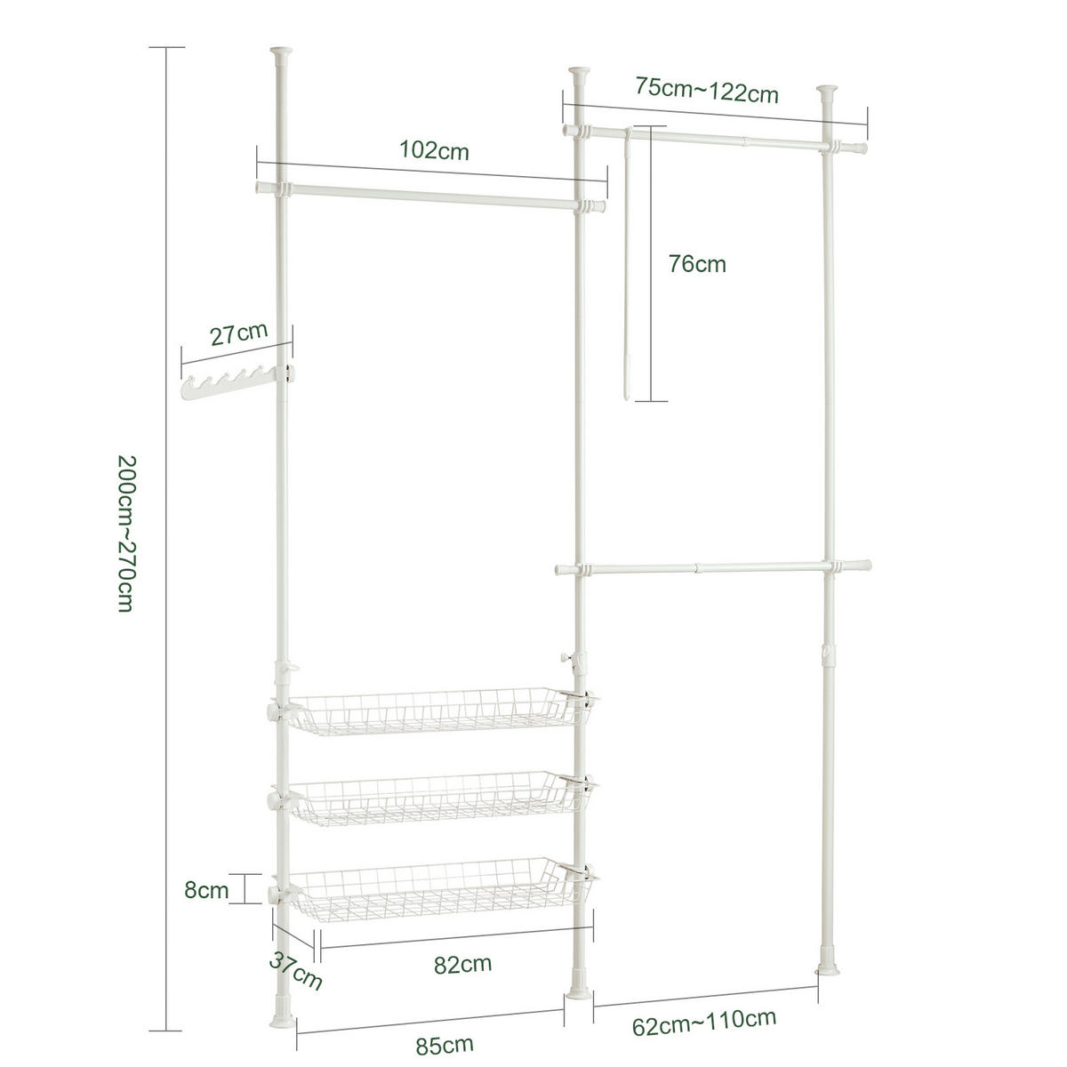 TELESKOP GARDEROBEN SYSTEM Weiß - Weiß, Kunststoff (198/285/1cm) - SoBuy