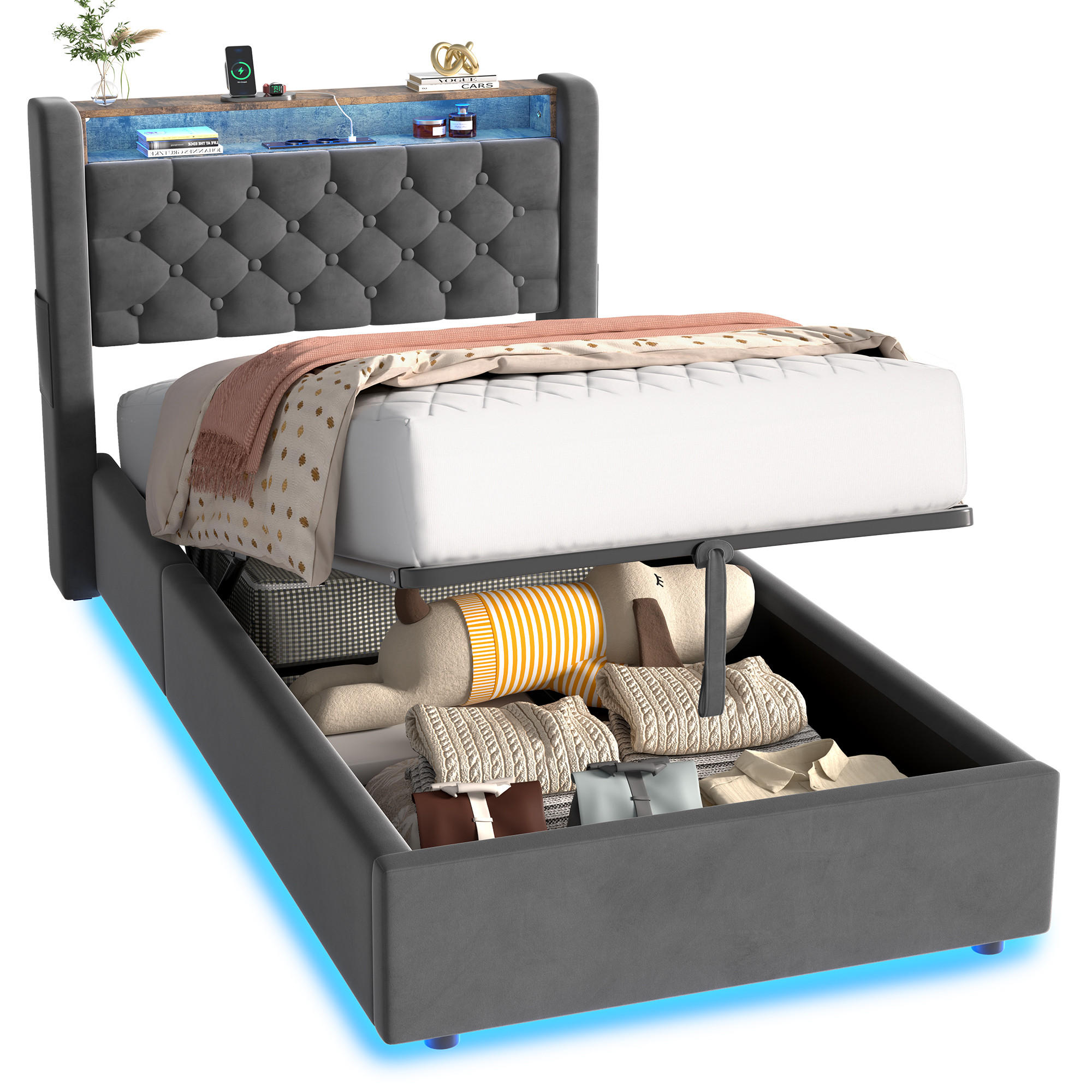 POLSTERBETT aus Samt 90x200 cm Grau mit LED-Beleuchtung & USB-Anschlüsse mit hydraulischem Stauraum - Grau, Textil (90/200cm) - Modfu