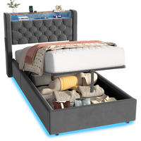 POLSTERBETT aus Samt 90x200 cm Grau mit LED-Beleuchtung & USB-Anschlüsse mit hydraulischem Stauraum - Grau, Textil (90/200cm) - Modfu