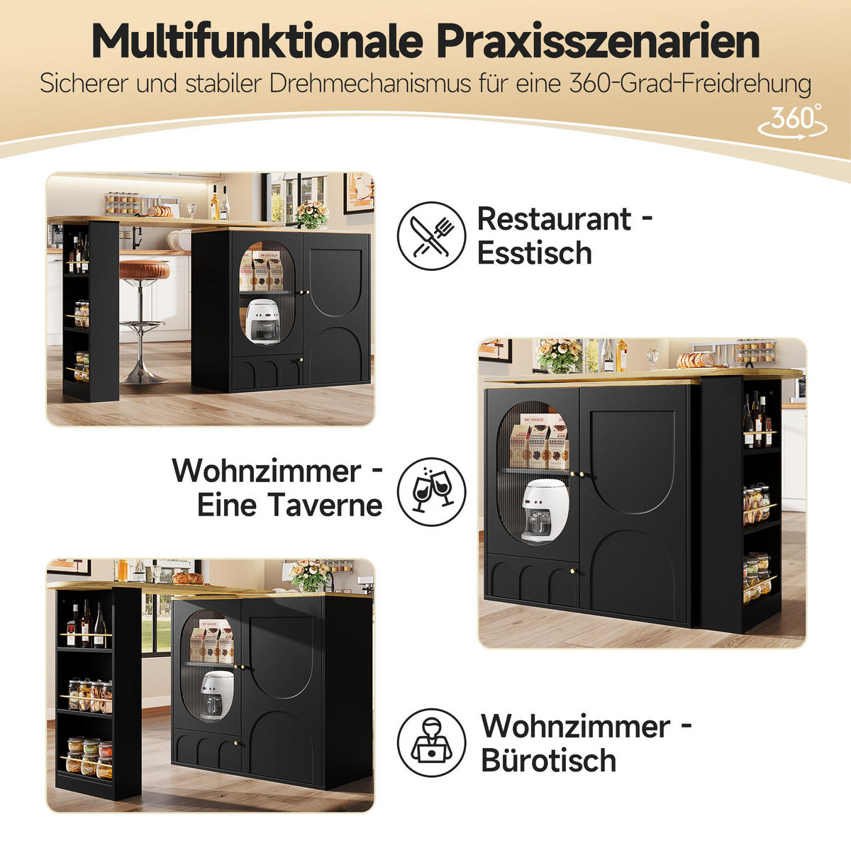 BARTISCH/KÜCHENINSEL aus MDF & Metall, 360° drehbar, 138/204/39/105 cm, Schwarz - Schwarz, Holzwerkstoff (39/105/138cm) - Redom