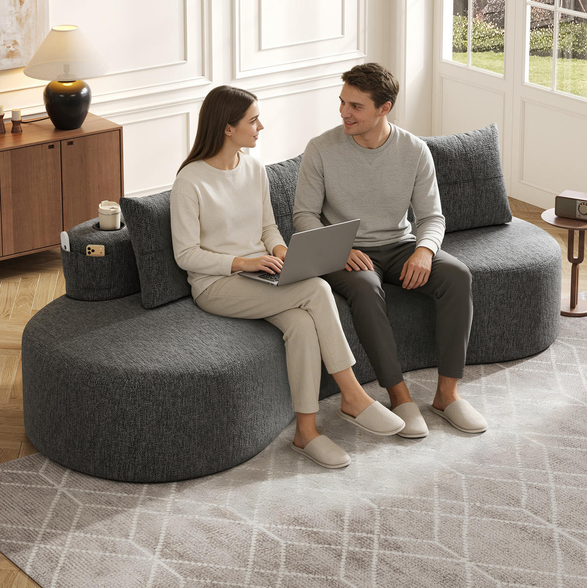 SOFA 240/109/60 cm aus Leinen mit Becherhaltern und Seitentaschen Dunkelgrau - Dunkelgrau, Textil (109/63/240cm) - Modenvie