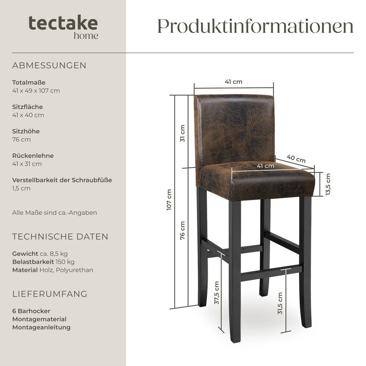 BARHOCKER 6er Set Kunstleder, Sitzhöhe 76 cm, antikbraun - Anthrazit/Braun, Leder/Holz (40/107/41cm) - tectake