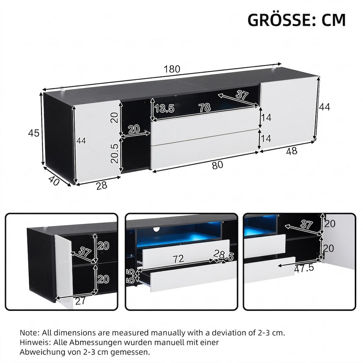 TV-SCHRANK 180/40/45 cm Schwarz-Weiß mit LED, 2 Schubladen und 2 Türen - Schwarz, Holzwerkstoff (180/45/40cm) - Oxeza