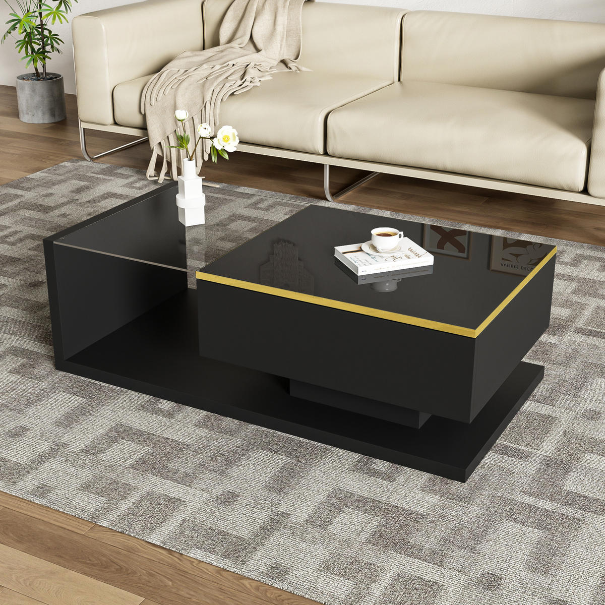 COUCHTISCH 100/50 cm Schwarz aus Spanplatte mit Glas und LED-Beleuchtung - Schwarz, Holzwerkstoff (100/50/32.5cm) - OKMYHOME