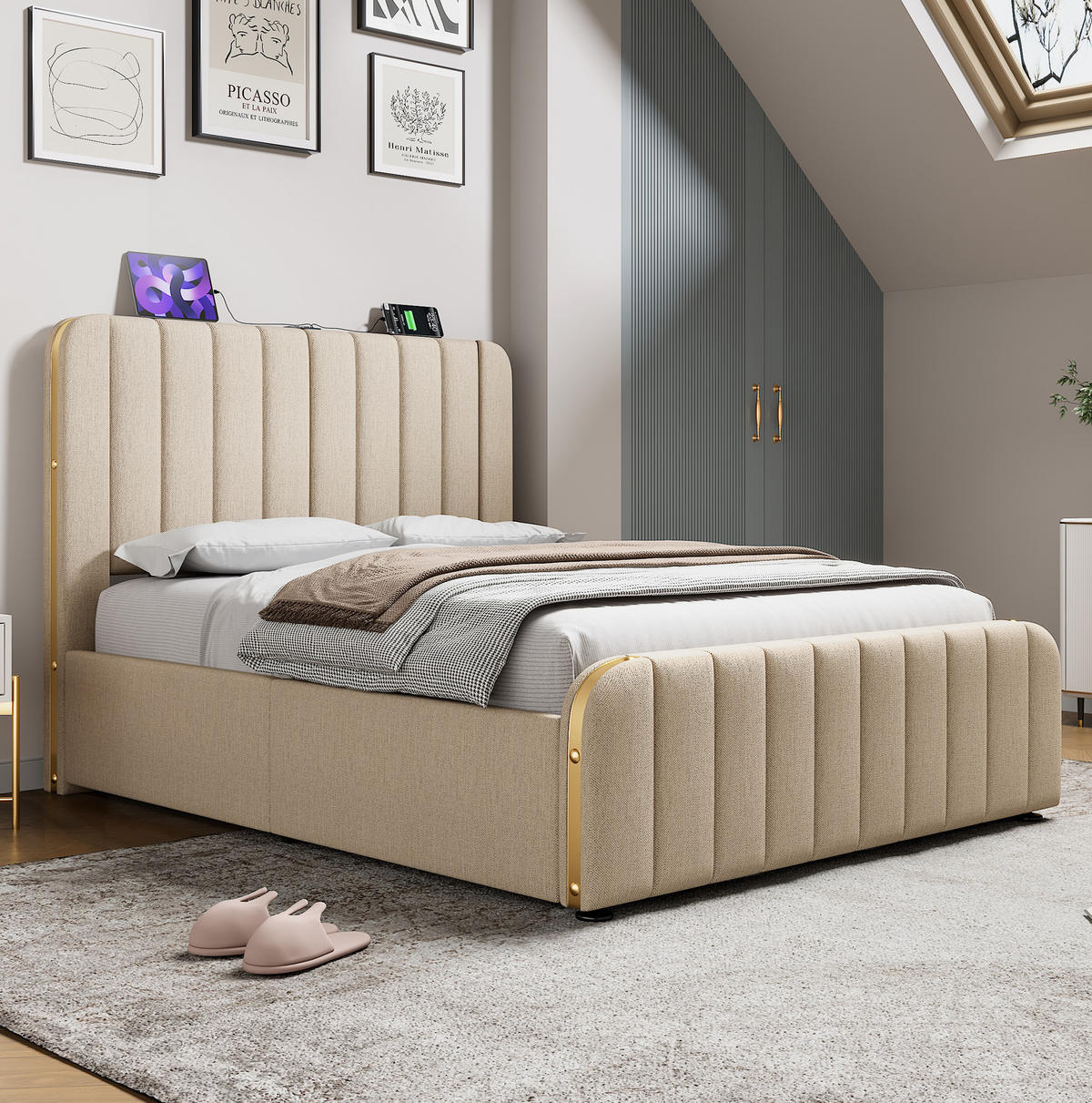 POLSTERBETT mit Stauraum und Matratze 140x200 cm Beige Leinen - Beige, Metall (140/200cm) - Meubliv