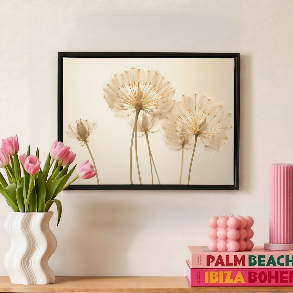 LEINWAND Bilder mit Rahmen - Sonnenlicht - Löwenzahn - Botanisch - Blumen - 40x30 - Creme, Textil (40/30cm) - MuchoWow